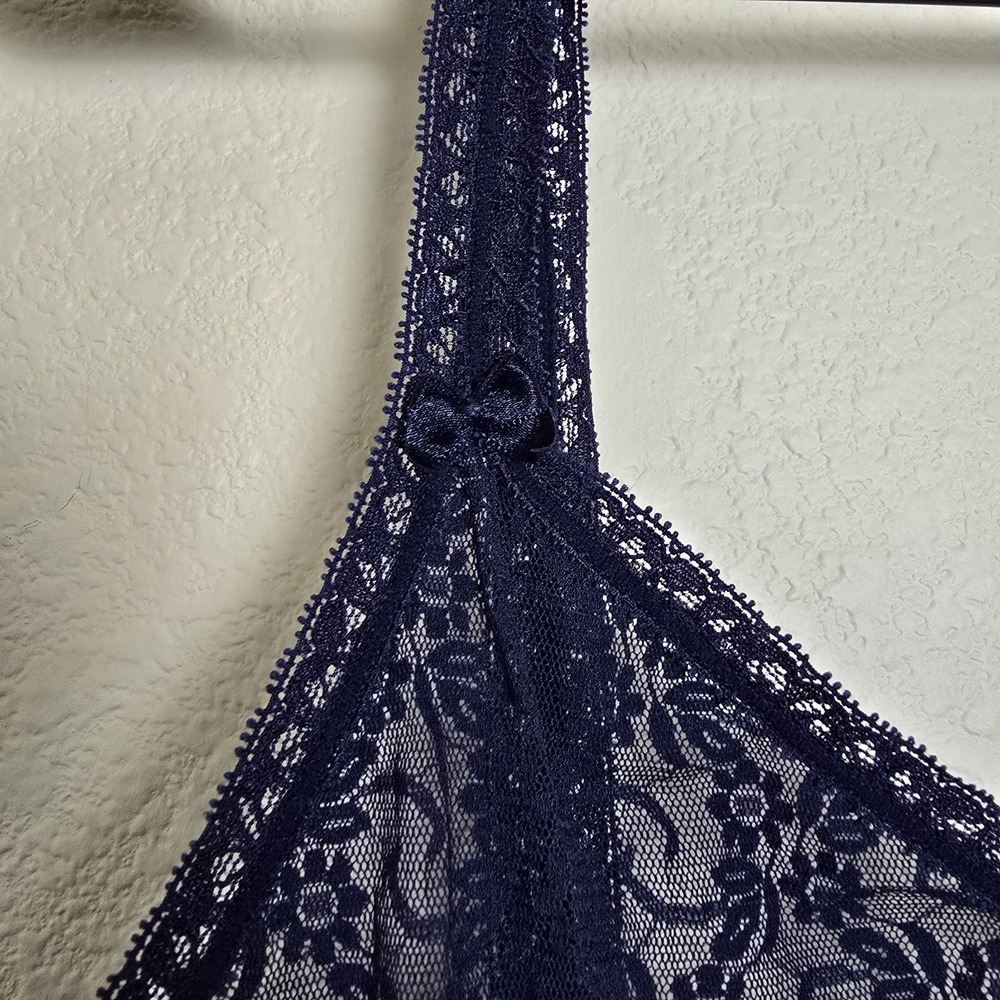 Women's Large Sheer Lace Trim Chemise Blue Bow Floral Y2k Slip Lingerie Romantic - Picture 4 of 8